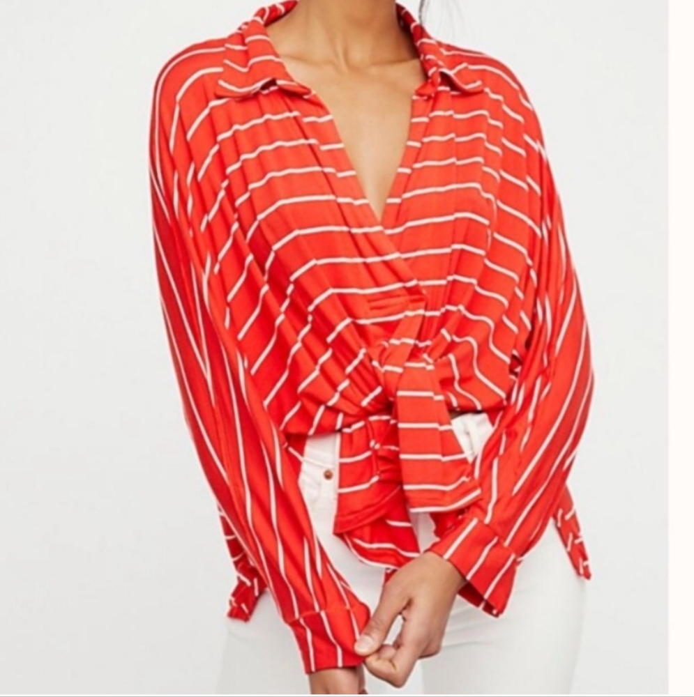 Free People We The Free Top XS Red White Striped Boho Oversized Long Sleeve